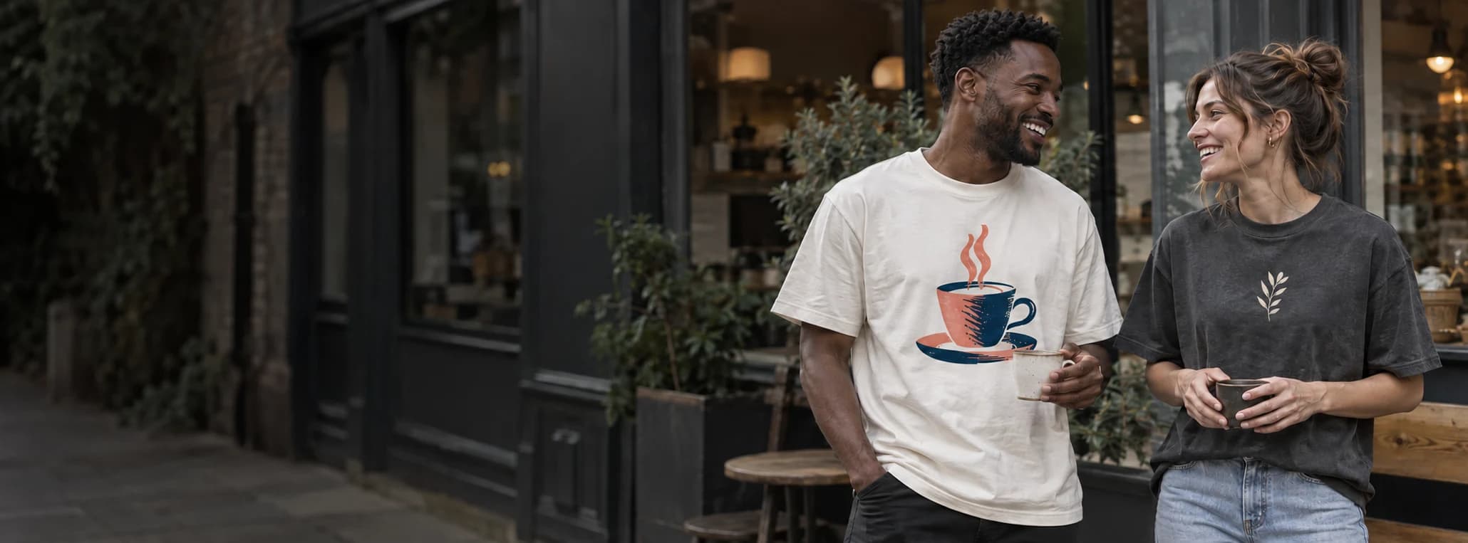 Two people wearing custom printed t-shirts outside a café